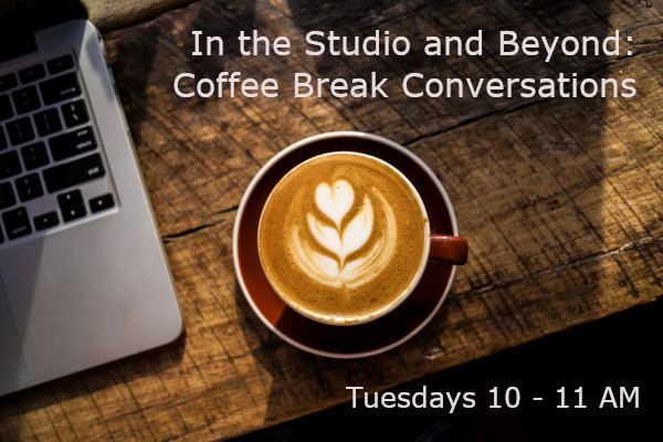 Coffee Cup and laptop with the text "In the studio and beyond: coffee break conversations, Tuesdays 10-11am"